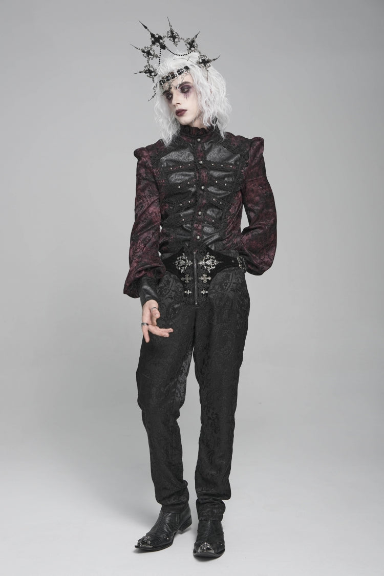 Crimson & Obsidian Stand Collar Long Lantern Sleeves Floral Print Embroidery Gothic Blouse