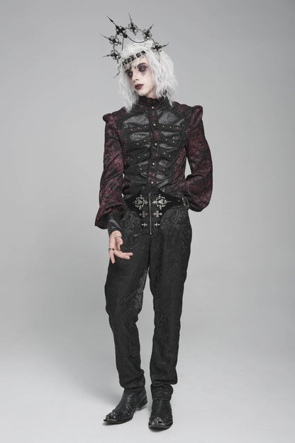Crimson & Obsidian Stand Collar Long Lantern Sleeves Floral Print Embroidery Gothic Blouse