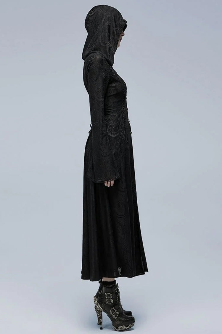 Ebony Flared-Sleeve Sheer Lace Fitted Hooded Gothic Dress