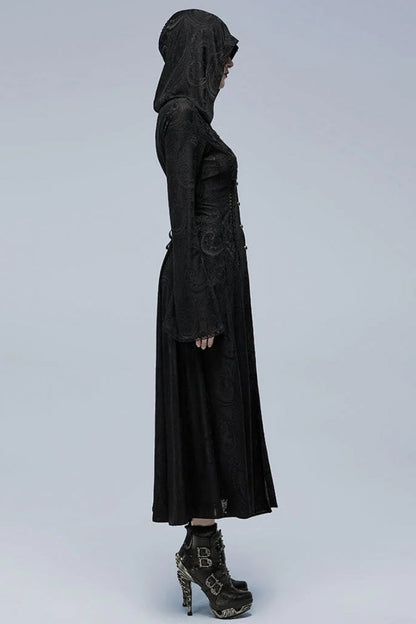 Ebony Flared-Sleeve Sheer Lace Fitted Hooded Gothic Dress
