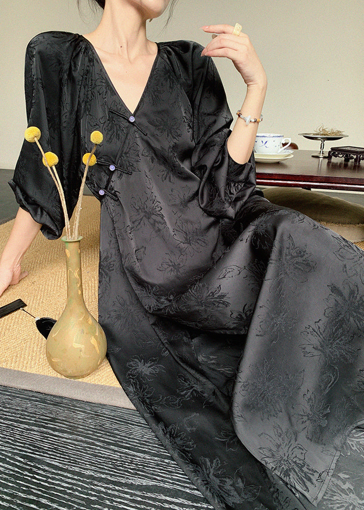 New Long Jacquard Beige Spring Neck Silk Oriental Dress Button V