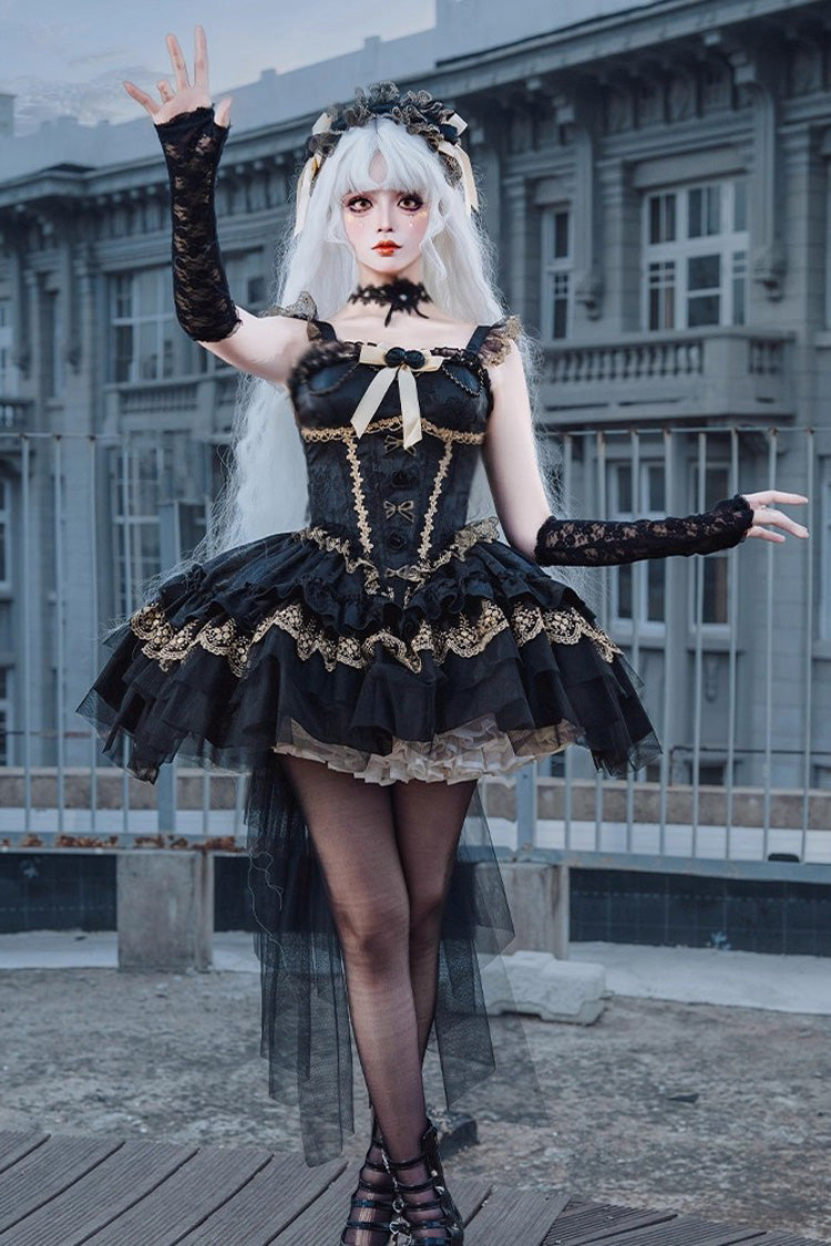 Slim Gothic Ballet JSK Dress with Multi-Layered Ruffles and Lace in Black