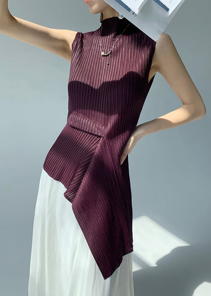 Italian Purple Turtleneck Asymmetrical Patchwork Tops Summer AN1013