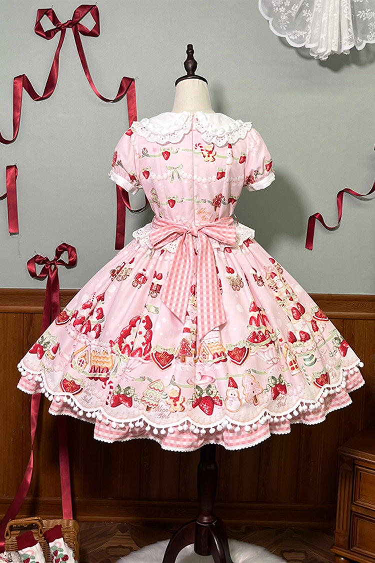 Doll Collar Short Sleeve Print Ruffle Bowknot Sweet Lolita Dress with Strawberry Dessert - 4 Colors