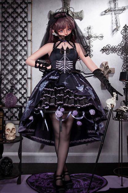 Elegant Gothic JSK Dress with Halterneck and Multi-Layered Ruffle Print in Black