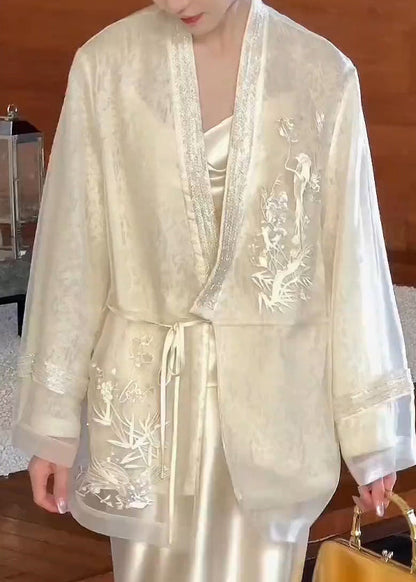 Cardigan Neck V Embroidered Up Lace Vintage Silk Beige Spring