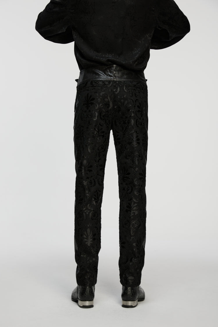 Men's Gothic Pants with Floral Embroidered Details in Black Jacquard
