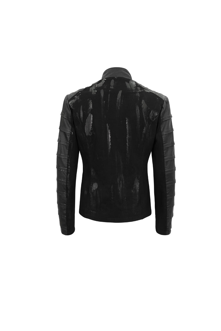 Jet-Black Punk Jacket with Mandarin Collar, Faux Leather Twill for Men