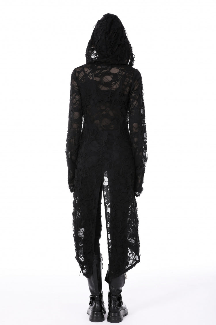 Ebony Long-Sleeve Ripped Zip Punk Long Hooded Coat
