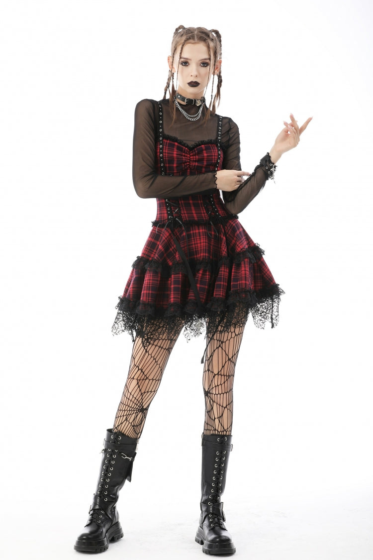 Crimson Punk Mini Dress with Plaid Layers and Lace Trim