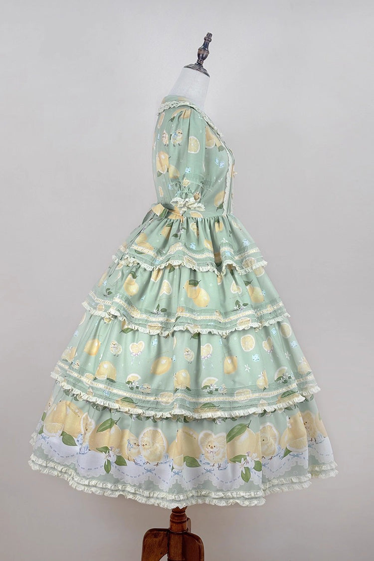 Emerald Lemon Chicken Triple-Layer Ruffle Bow Lace Gorgeous Dress