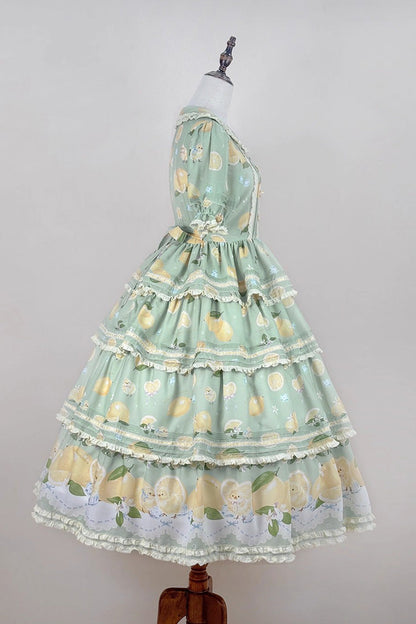 Emerald Lemon Chicken Triple-Layer Ruffle Bow Lace Gorgeous Dress