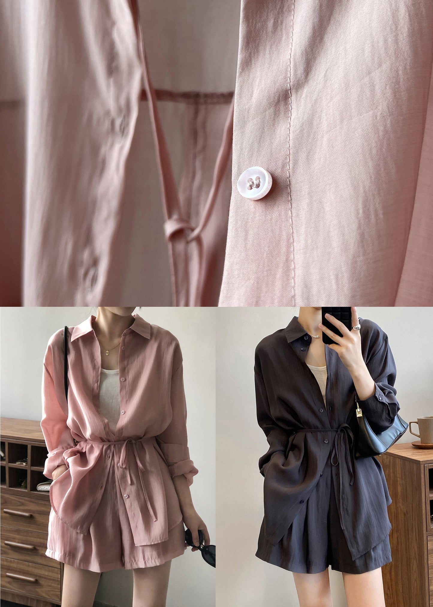 Spring Button Gray Peter Dark Silk Pan Solid Collar Two-Piece Set