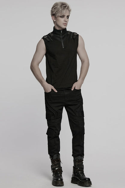 Men's Black Punk Vest, Sleeveless with Mesh, Stitching and Zipper