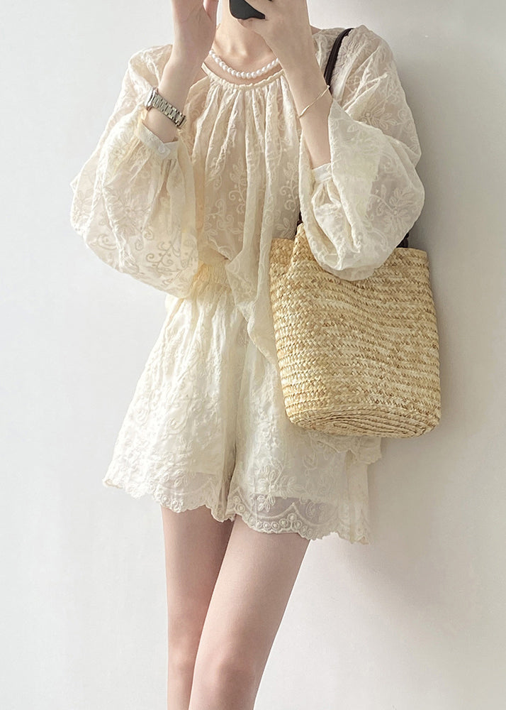 Spring Embroidered And Shorts Set Tops Two Piece Beige Art Cotton