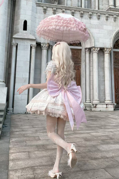 Blush Printed Ruffled Lace JSK Set with Bow