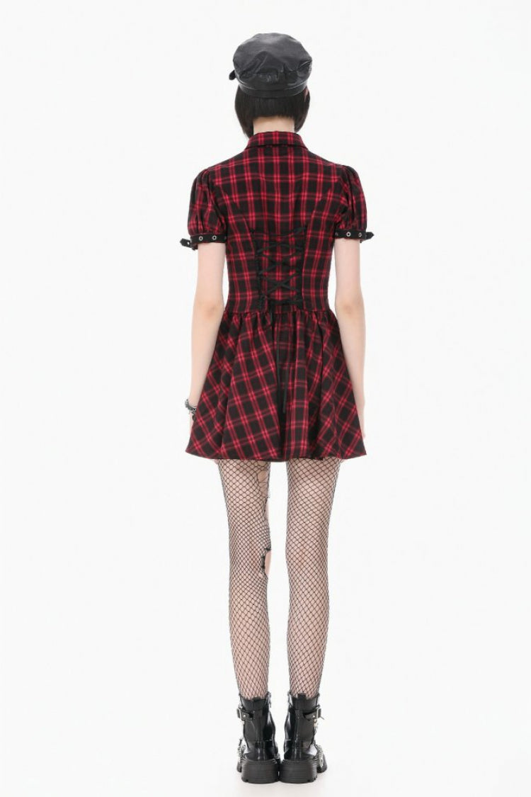 Crimson & Charcoal Tartan Notch Collar Cutout Short Sleeve Laced Punk Retro Mini Dress
