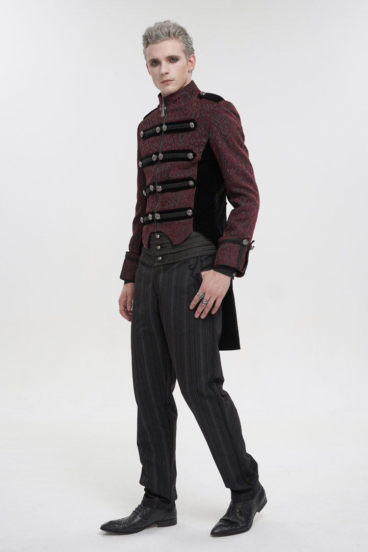Crimson Vintage Gothic Jacket with Silk Collar and Cross Zipper