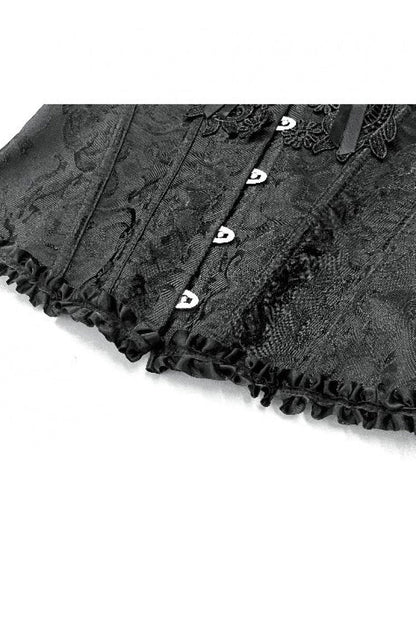 Women's Gothic Overbust Corset with Ruffled Lace and Lace-Up in Black Jacquard