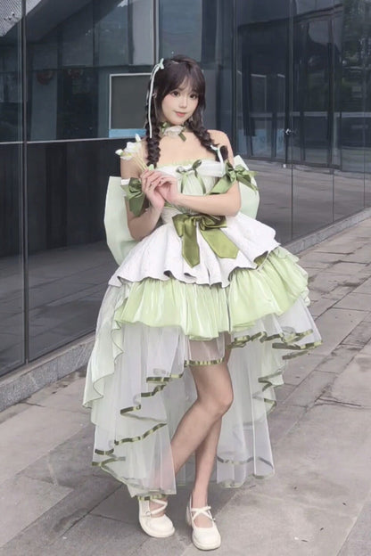 Emerald Off-Shoulder Ruffled Bow Patchwork Sweet Lolita Gown