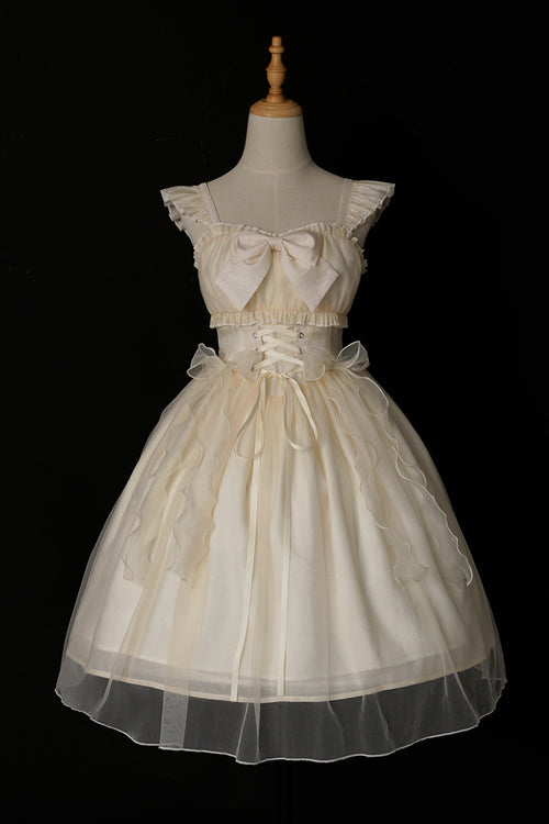 Sweet Lolita JSK Gown with Ruffled Straps, Bow & Sleeveless Design