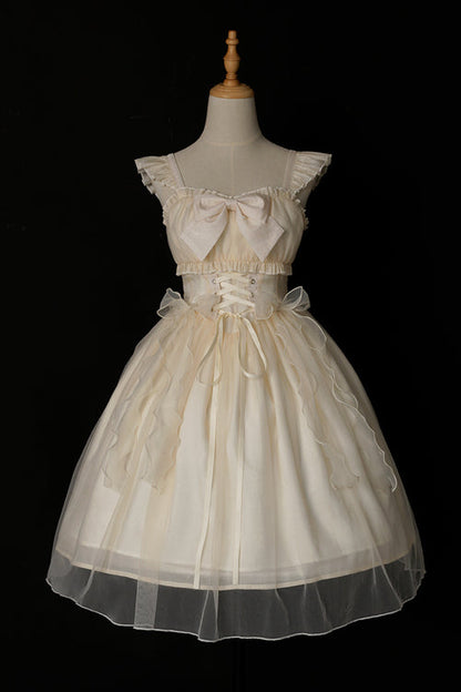 Sweet Lolita JSK Gown with Ruffled Straps, Bow & Sleeveless Design