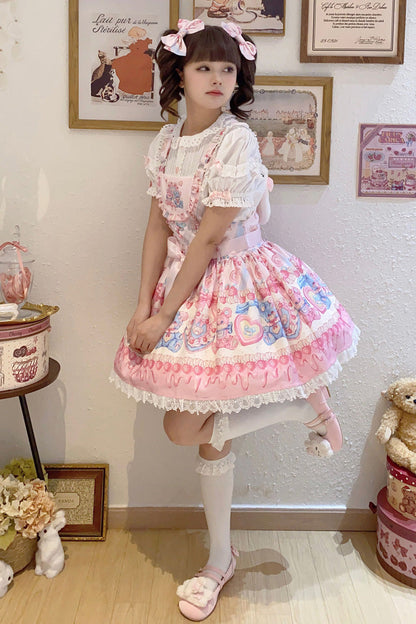 Berry Bear Print Pink Bow Stitched Lace Lolita Strap Dress