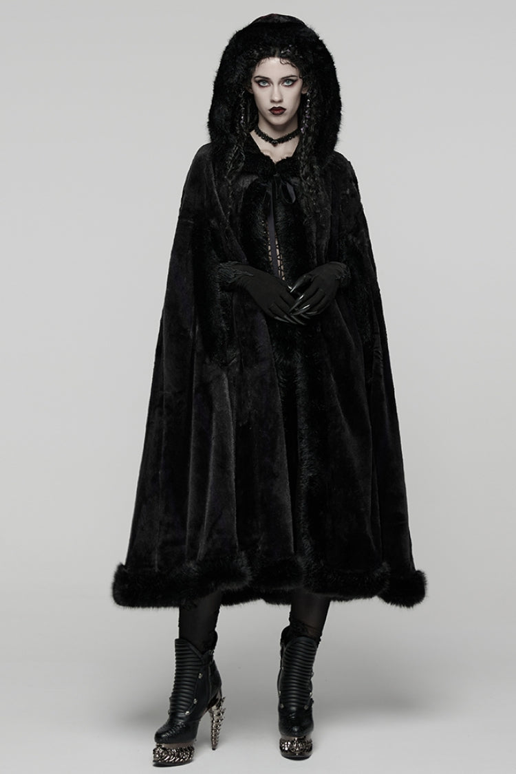 Women's Hooded Gothic Cloak Coat with Faux Fur Splicing Detail