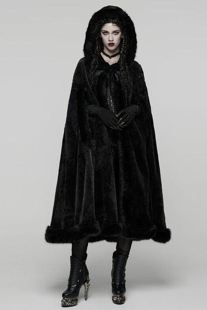 Women's Hooded Gothic Cloak Coat with Faux Fur Splicing Detail