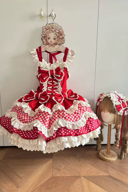 Crimson Halterneck Sweet Lolita JSK Set with Polka Dots and Ruffles