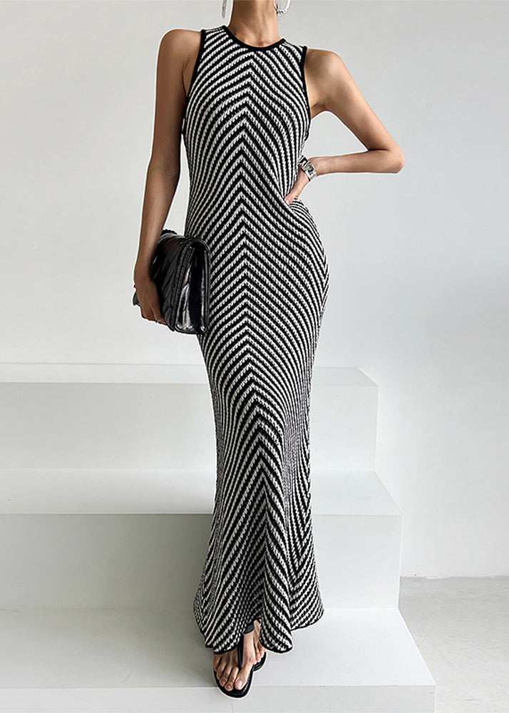 Knit Striped Sleeveless Dress Black Fit Ankle Silm