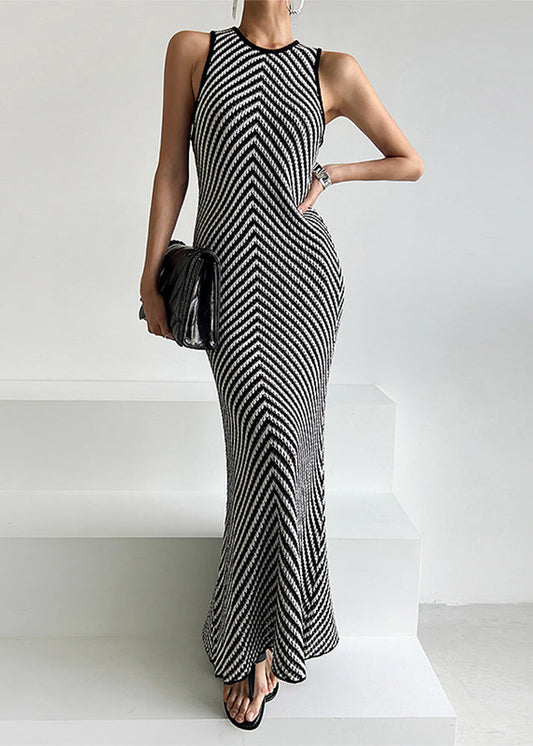 Knit Striped Sleeveless Dress Black Fit Ankle Silm