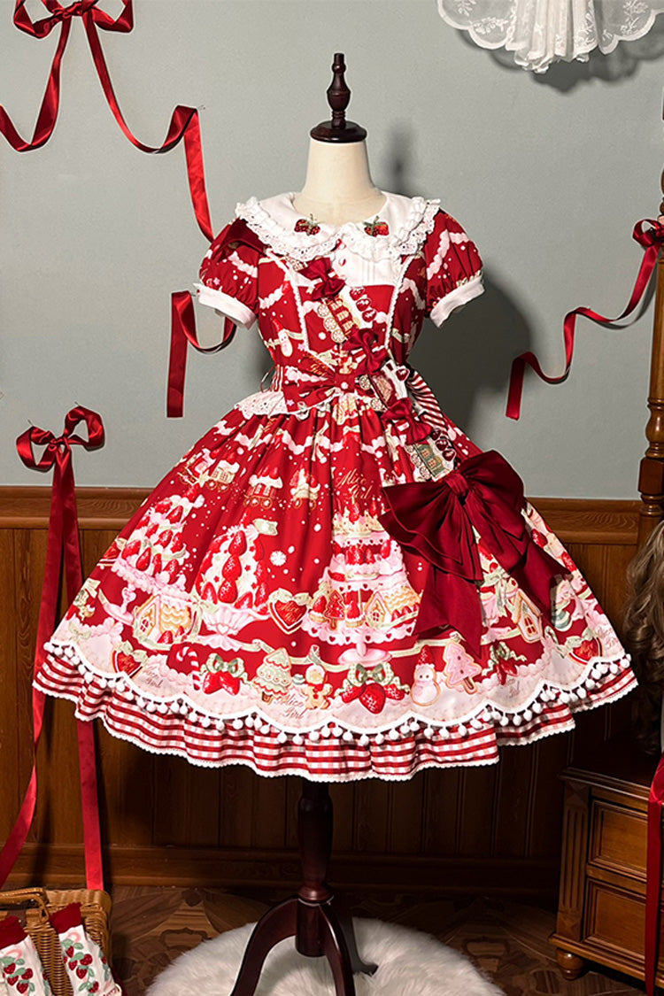 Doll Collar Short Sleeve Print Ruffle Bowknot Sweet Lolita Dress with Strawberry Dessert - 4 Colors