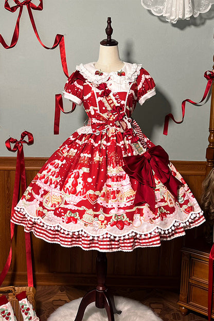 Doll Collar Short Sleeve Print Ruffle Bowknot Sweet Lolita Dress with Strawberry Dessert - 4 Colors