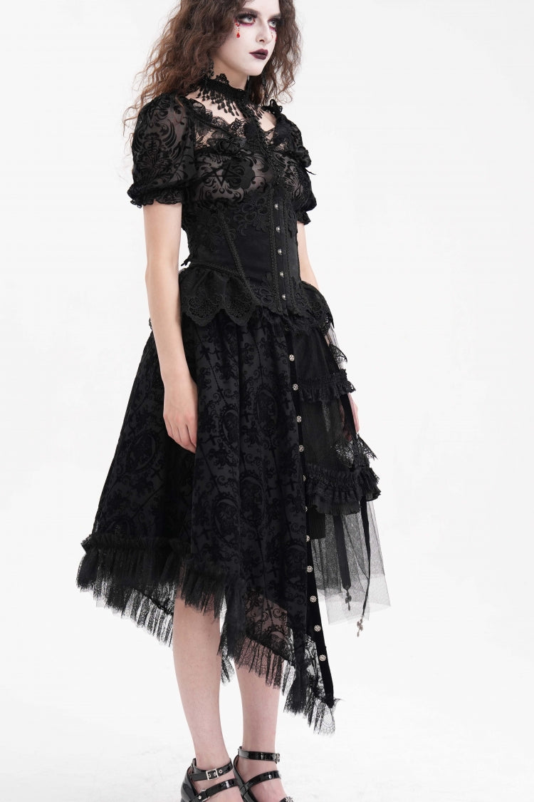 Gothic Luxurious Asymmetric Pleated Skirt with Black Jacquard Cut-Out Lace