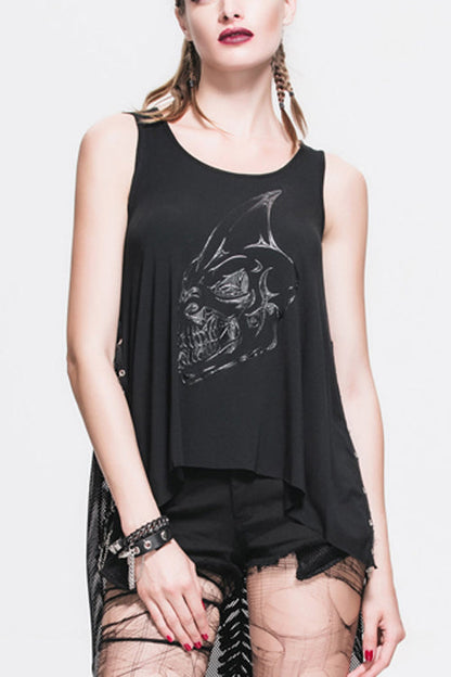 No-Sleeve Dragon Print Sheer Back Punk Tee