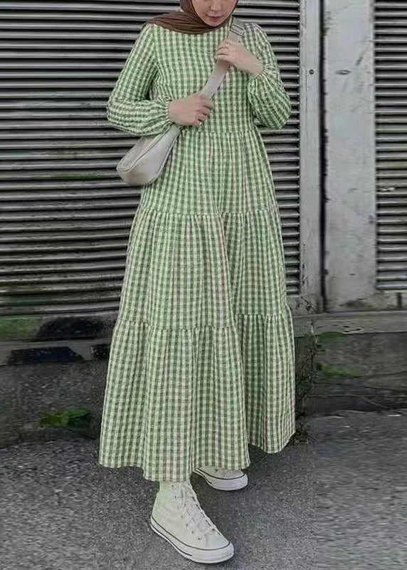 Cotton Dresses Simple Plaid Spring Maxi Green