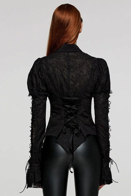 Gothic Lace Blouse with Lapel Collar and Stitched Print, Long Sleeves, Two Variants - DarkRomance