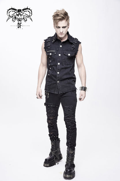 Men's Punk Waistcoat with Faded Finish, Bullet Clip and Rivet Details