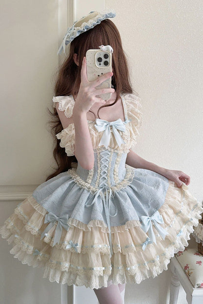 Flory Butterfly Double Ruffle Bow Lace-Up Ballet Lolita JSK