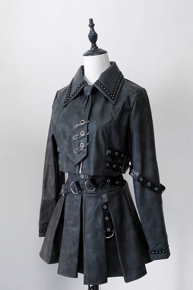 Japanese Handsome Top and Skirt Set with Studded Eyelet in Black