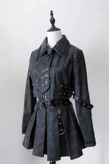 Japanese Handsome Top and Skirt Set with Studded Eyelet in Black