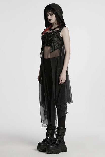No-Sleeve Hooded Mesh Punk Harness Waistcoat