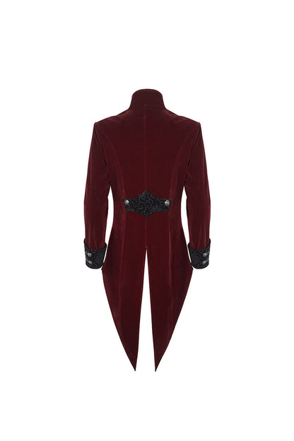 Crimson High-Neck Gothic Coat with Lace Panels and Swallowtail Back