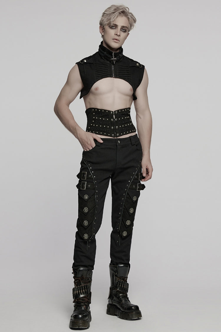 Men's Black Punk Cape, Sleeveless with Rivets and Zipper
