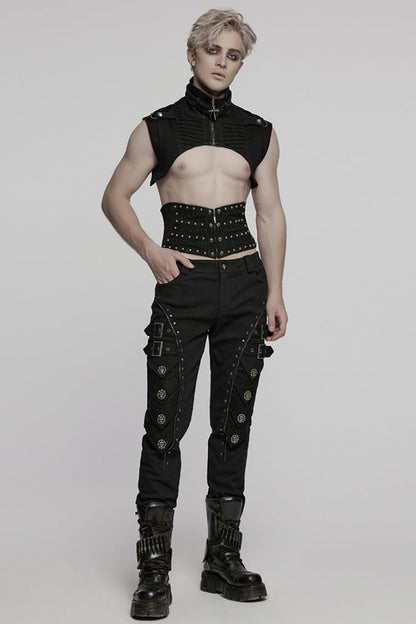 Men's Black Punk Cape, Sleeveless with Rivets and Zipper