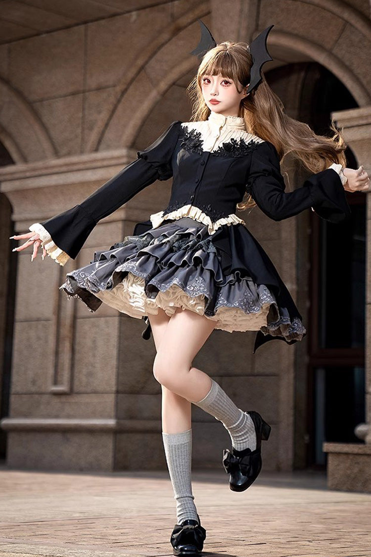 Gothic Princess Lolita Top and Skirt Set with Multi-Layered Ruffle in Black