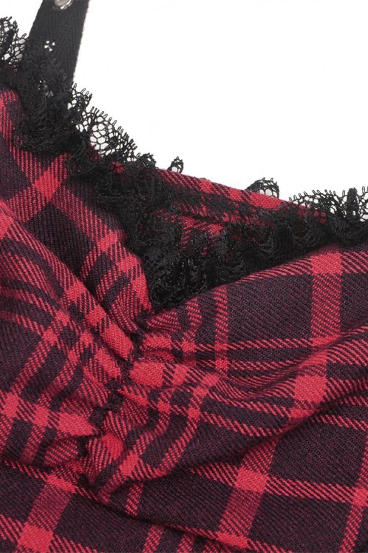 Crimson Punk Mini Dress with Plaid Layers and Lace Trim