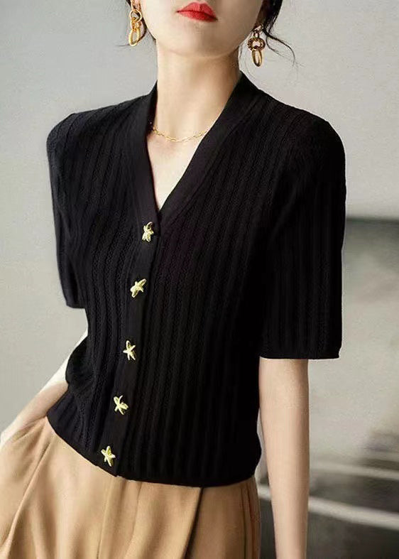 Neck Shirt Summer Knit Silm Black V Fit Style
