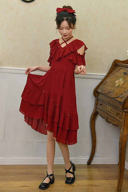Crimson Sweet Lolita Dress with V-Neck and Strapless Dual-Wear Design